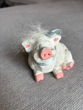 Vintage 1992 Cast Art Pig Figurine Signed Kristin Pink Blue Bow Cottage Decor